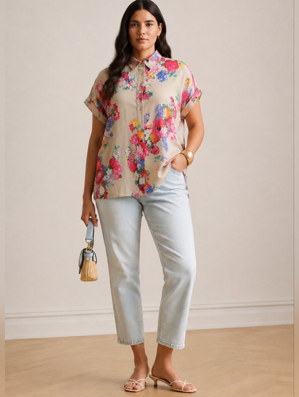 Jeans by Buffalo Women's Size M vibrant floral print Sheer Button Down Top